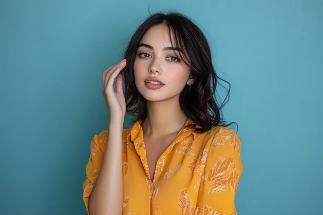 Woman in a yellow shirt makes a refusal gesture with her hand against a solid blue background.