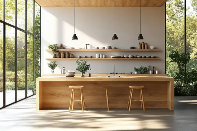 Sunlit minimalist Scandinavian kitchen interior with a wood island, bar stools, open shelves, and large glass windows.