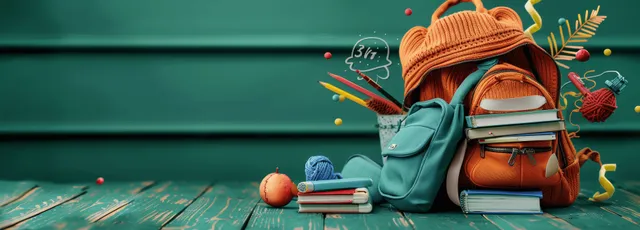 Orange backpack with books, pencils, and crayons on a green wooden desk, leaving copy space.