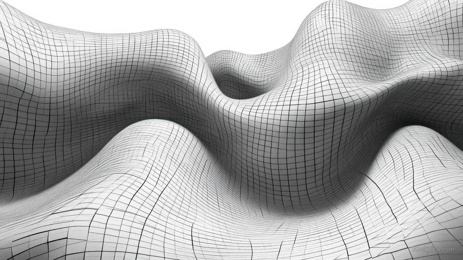 A monochrome 3D grid mesh undulates into wave-like curves, forming a deep flowing surface.