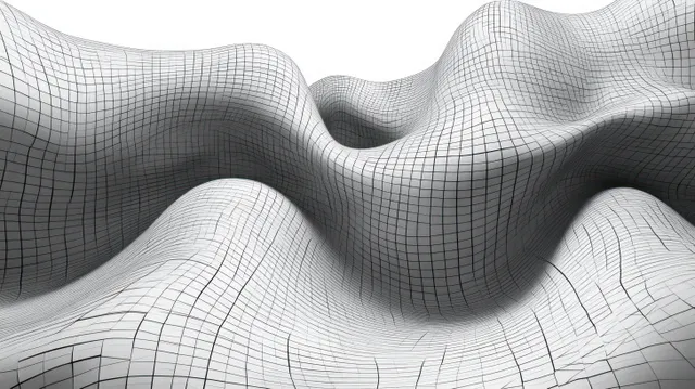 A monochrome 3D grid mesh undulates into wave-like curves, forming a deep flowing surface.