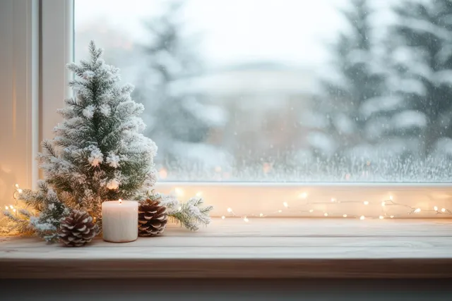 Snowy window ledge with mini Christmas tree, glowing fairy lights, frosted glass backdrop
