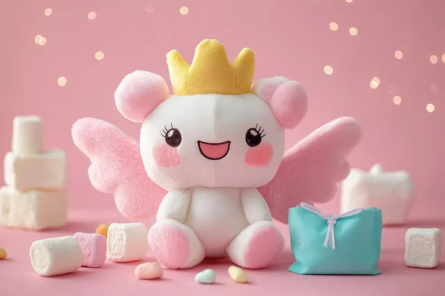 Crowned tooth fairy plush with pink wings sits on a pink background next to small marshmallow-like teeth and a gift pouch.