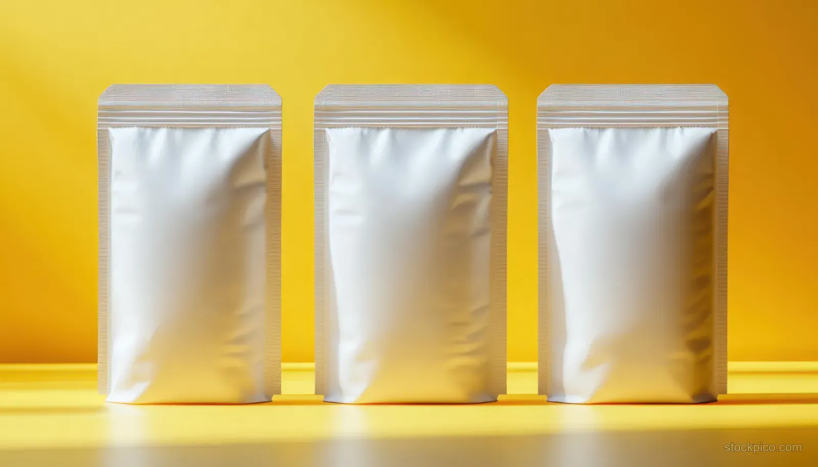 Three sealed white foil pouch bags stand upright on a bright yellow surface.