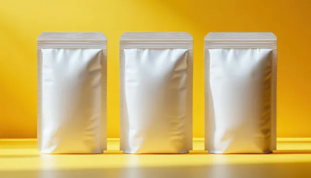 Three sealed white foil pouch bags standing on a bright yellow background