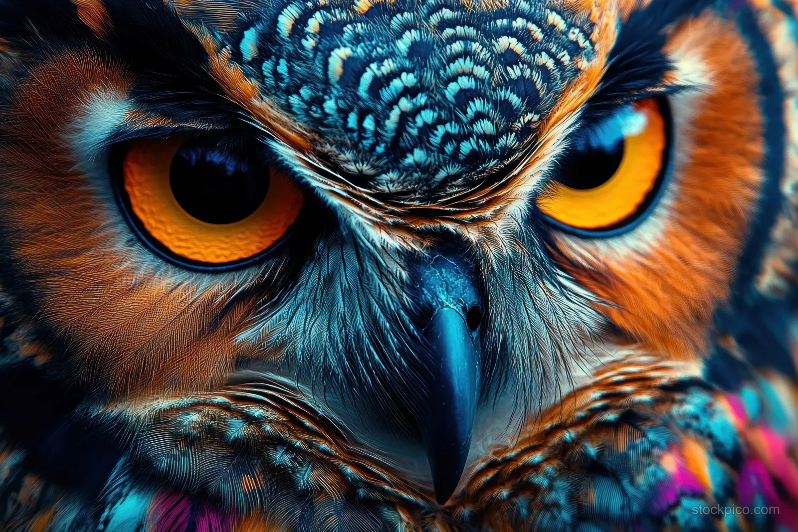 A close-up owl portrait with vivid glowing eyes and colorful nebula-like abstract patterns around its feathers.