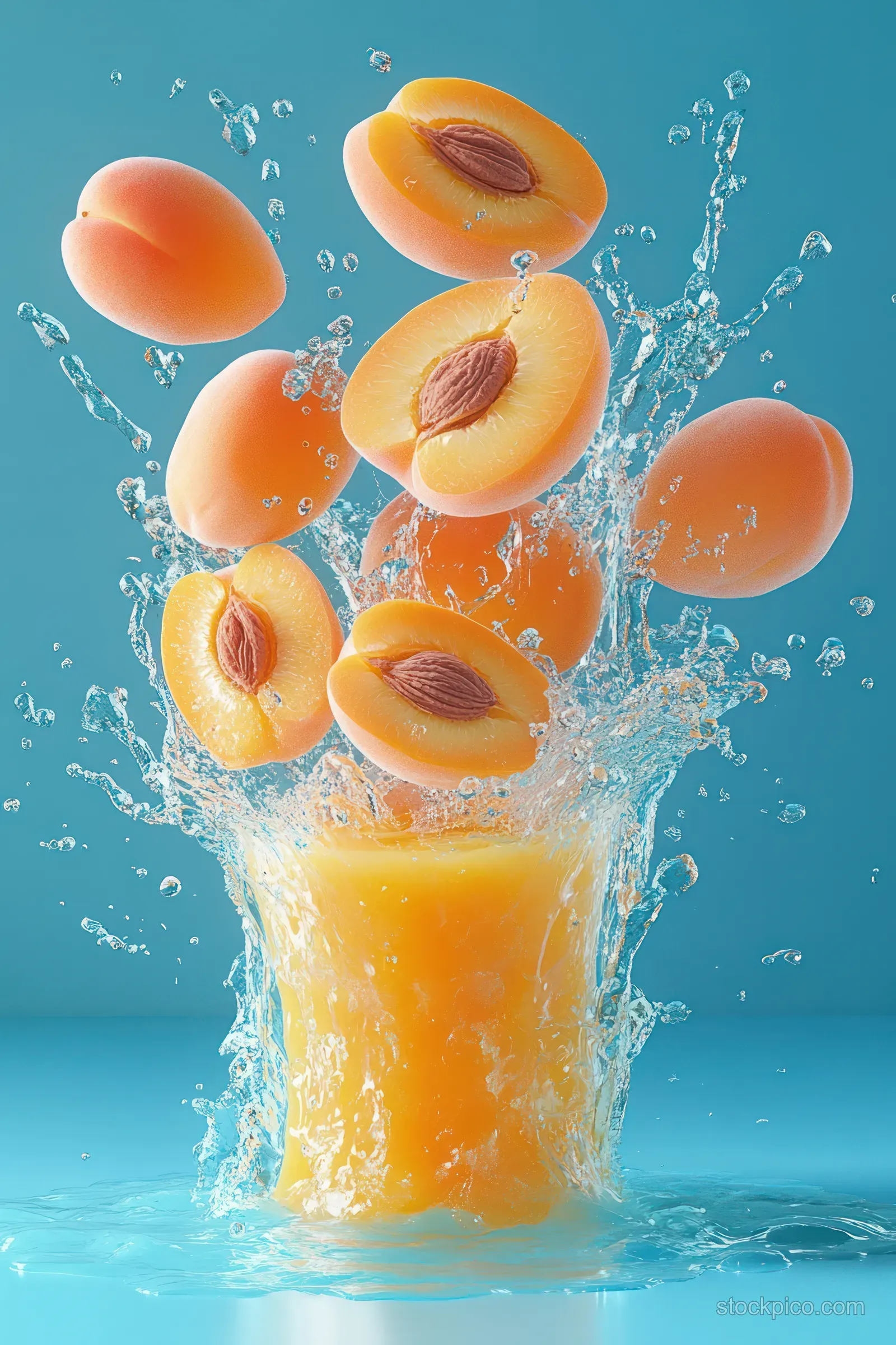 Apricot juice splashes upward with floating apricot halves and green leaves on a blue background.