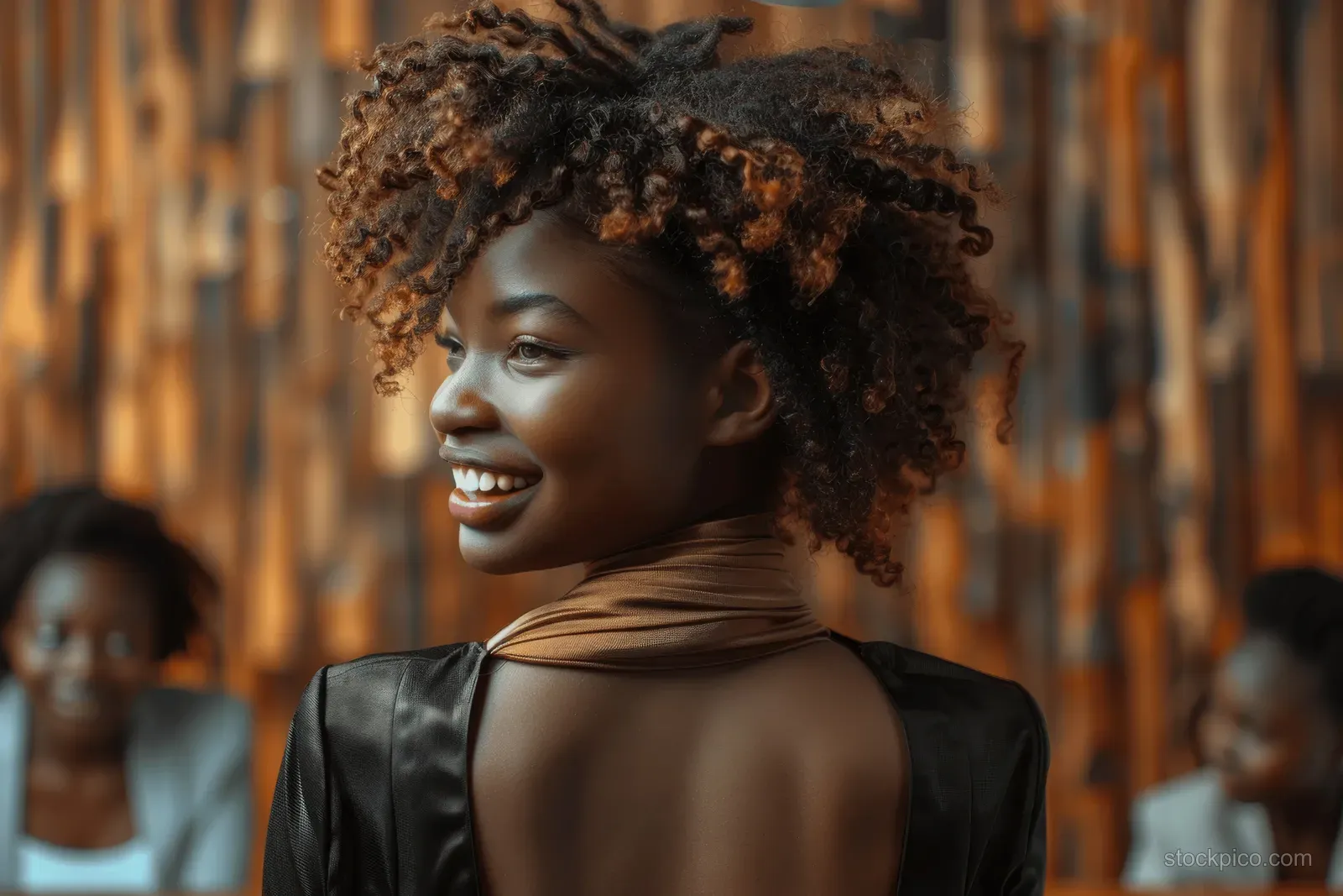 An African American woman with curly hair smiles while presenting in an office.