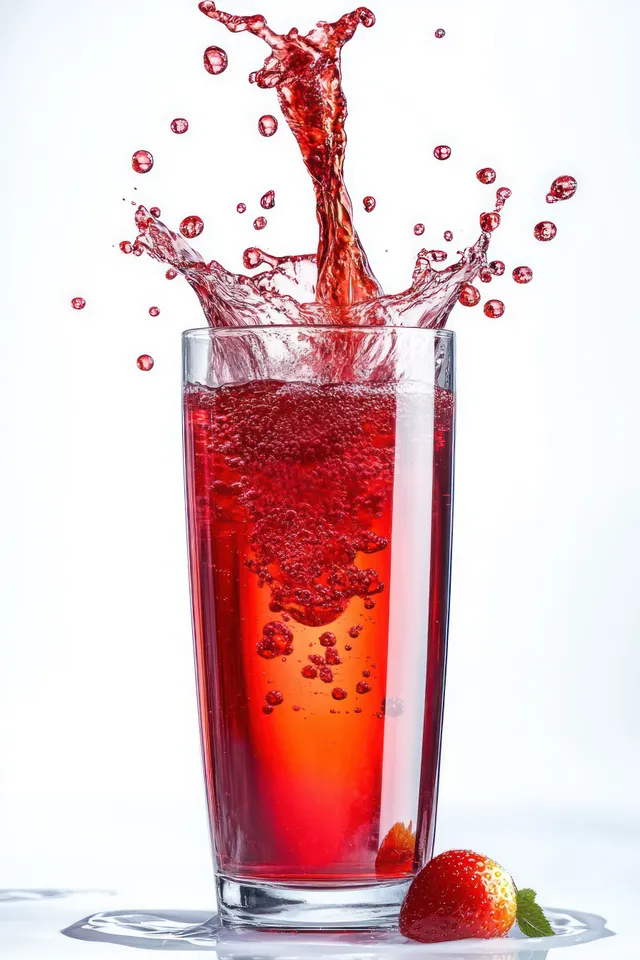 Cherry juice splashes into a tall glass with bright droplets on a white background