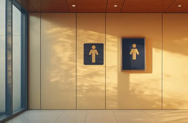 Sunlight casts shadows on beige hallway walls with two male restroom signs beneath a wooden ceiling.