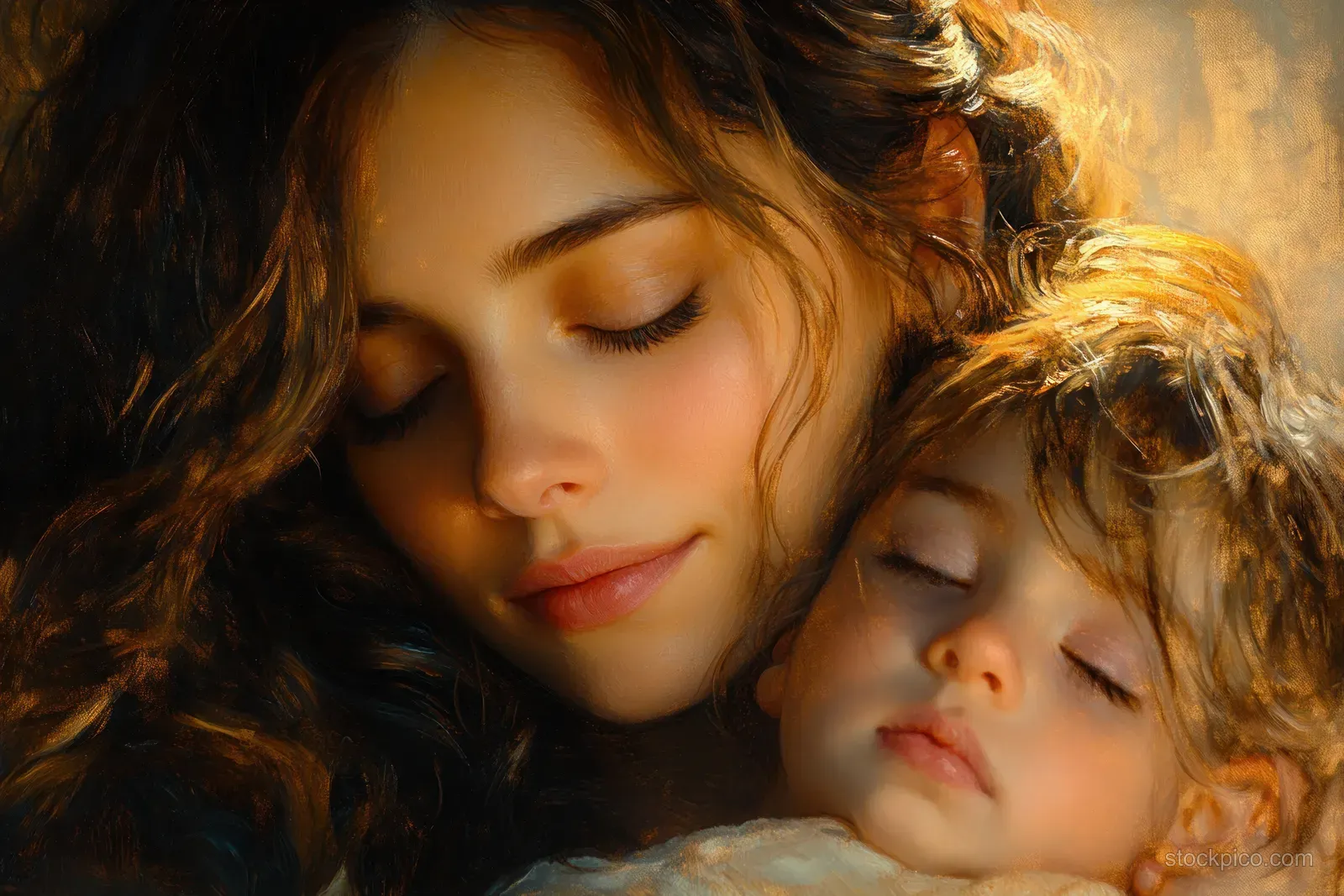 Indian mother cradles a sleeping child in warm golden light for an intimate close-up portrait.