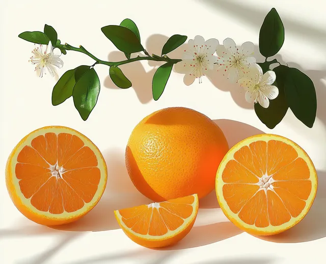 Whole orange with two halves and a slice arranged on a white surface beside a blossoming branch.
