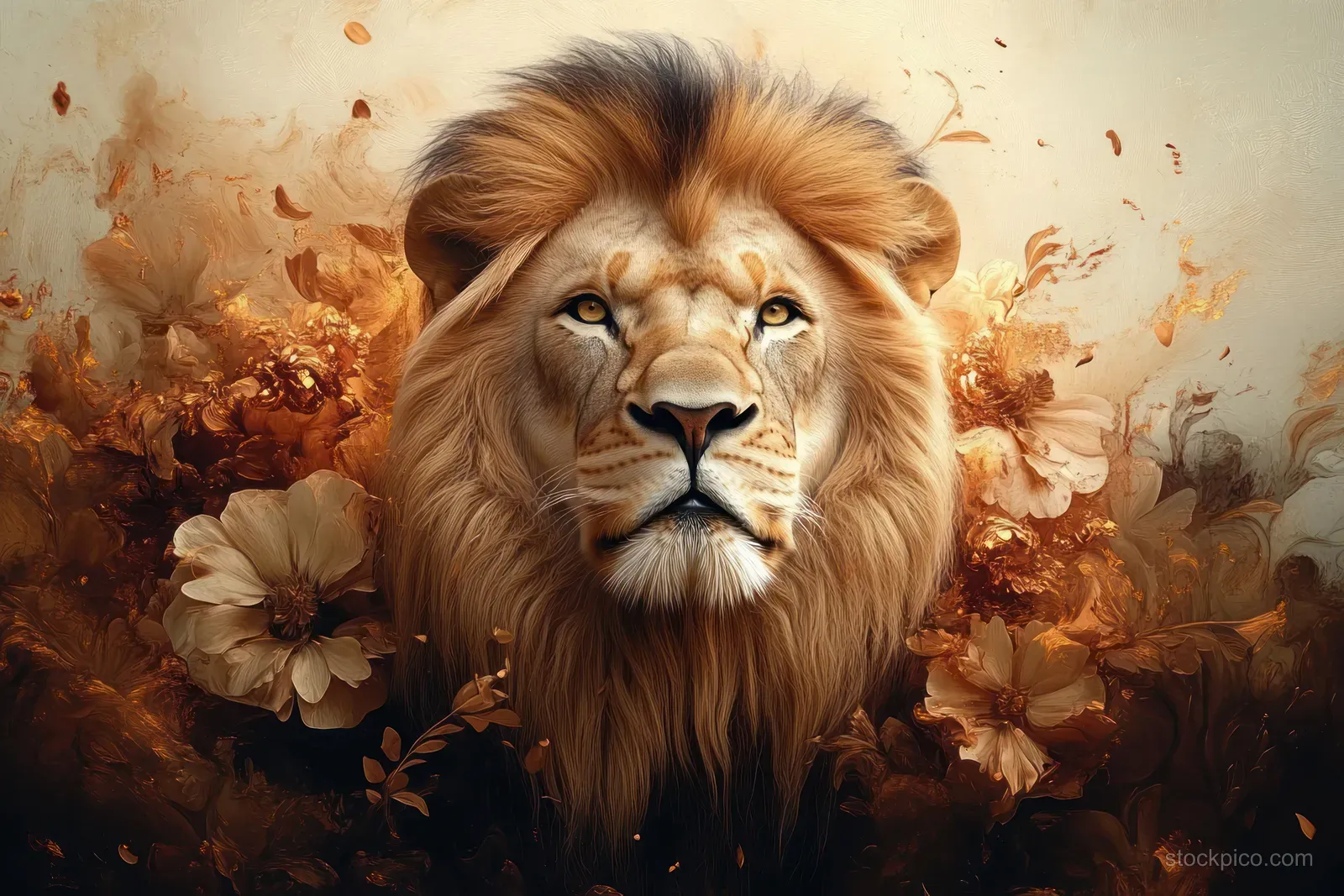 A lion with a soft golden glow stands in an autumn garden amid drifting leaves and flowers.