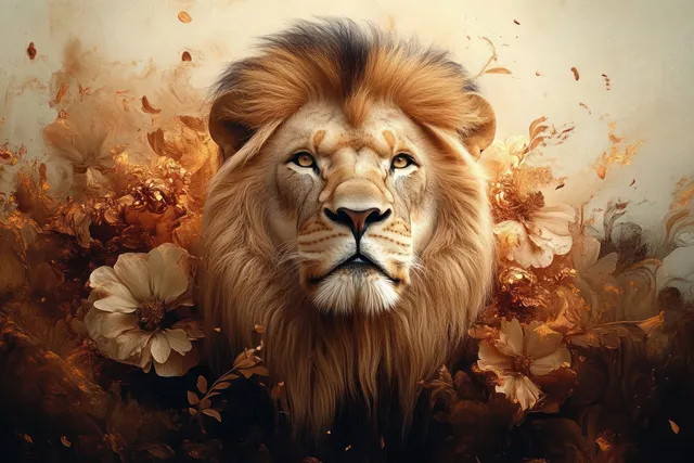 A lion with a soft golden glow stands in an autumn garden amid drifting leaves and flowers.