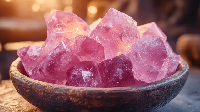 Pink quartz crystal points in a rustic bowl, softly lit with sparkling facets and blurred warm background.