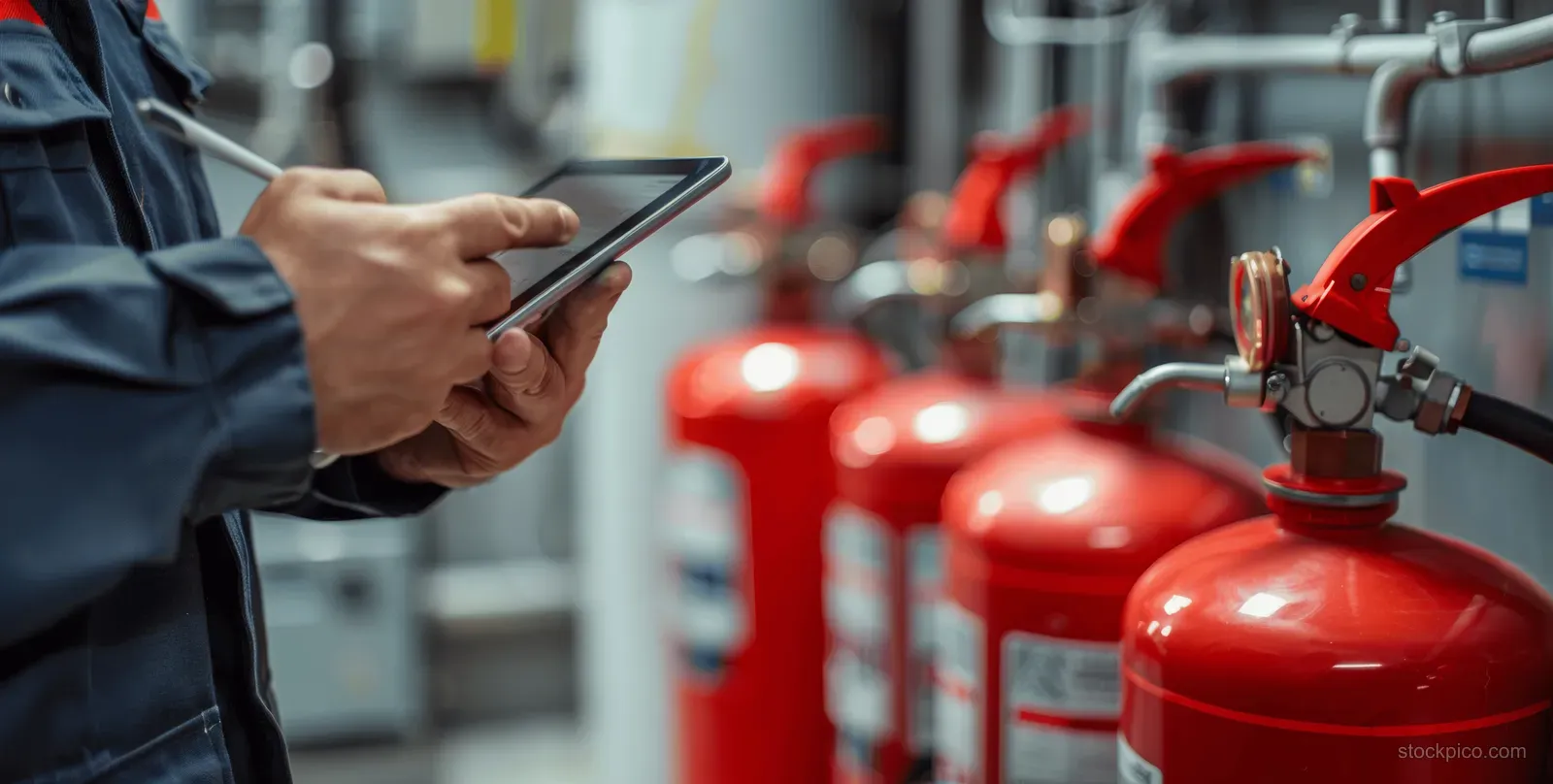 Safety engineer holding a tablet beside a red fire extinguisher tank with hoses and valves in an industrial room.