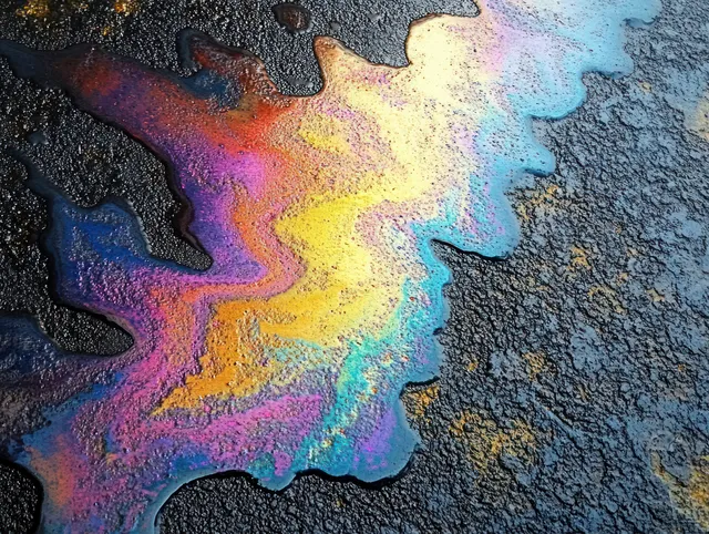 Iridescent rainbow oil film spreads over rough asphalt with glossy pink, blue, yellow, orange, and purple reflections.
