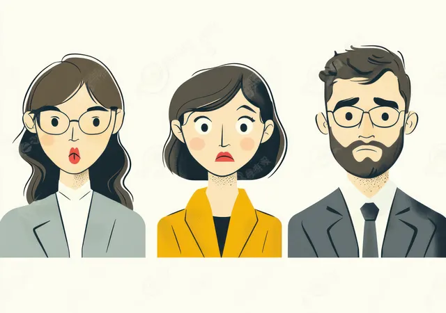 Three business professionals showing puzzled expressions in stylized line art portraits
