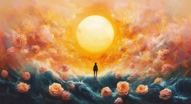 Silhouette stands on turbulent ocean waves surrounded by glowing pink roses under a bright sun in a vivid sky.