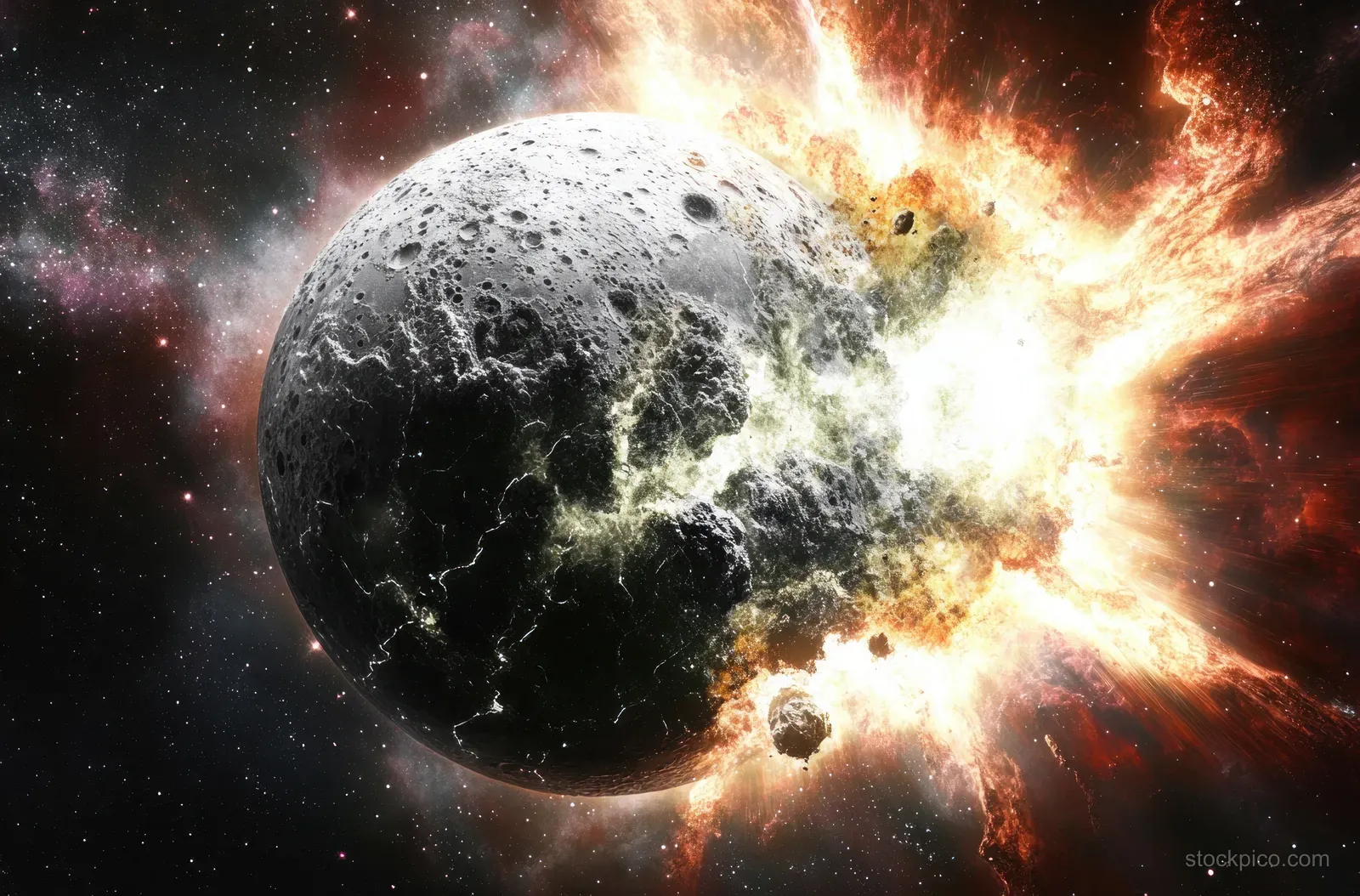 A cratered gray planet explodes with fiery rays and glowing debris amid stars and nebula clouds.