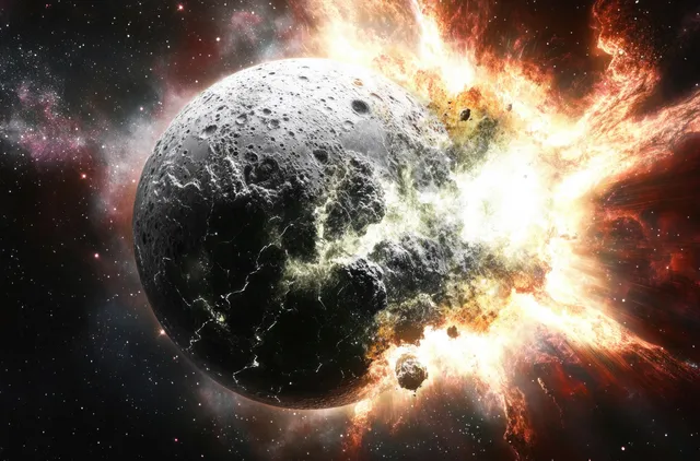 A cratered gray planet explodes with fiery rays and glowing debris amid stars and nebula clouds.