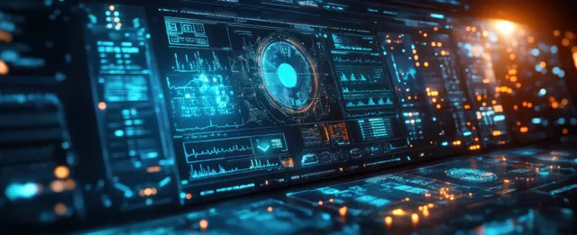 A futuristic medical console shows holographic biometric data charts and diagnostic panels with glowing screens.
