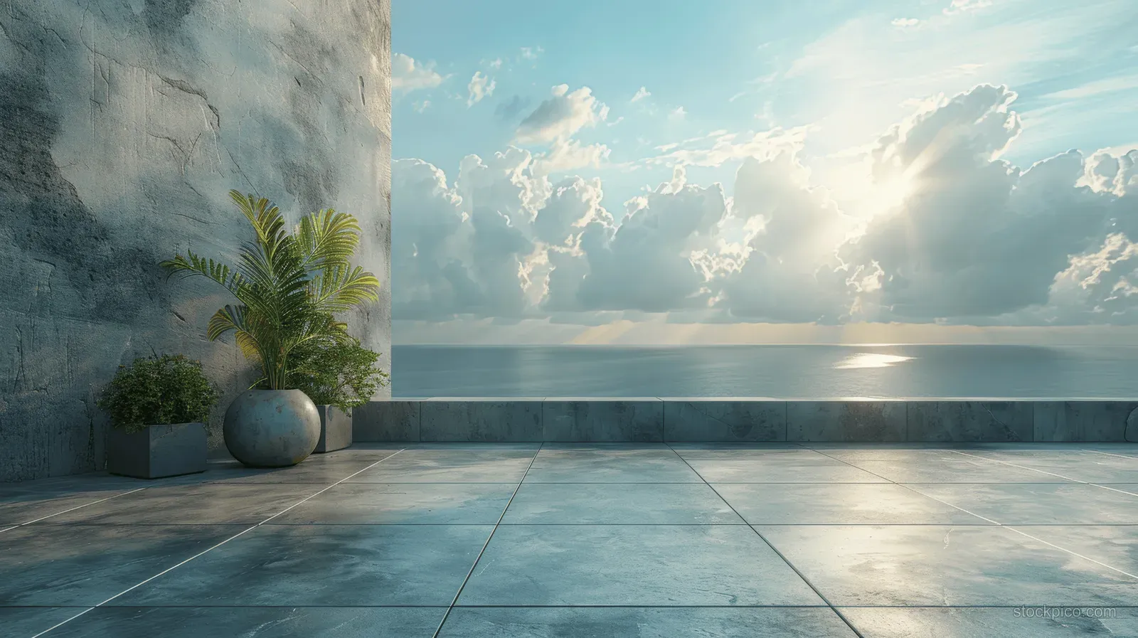 Empty concrete terrace floor stretches toward a glass railing under a bright blue sky.