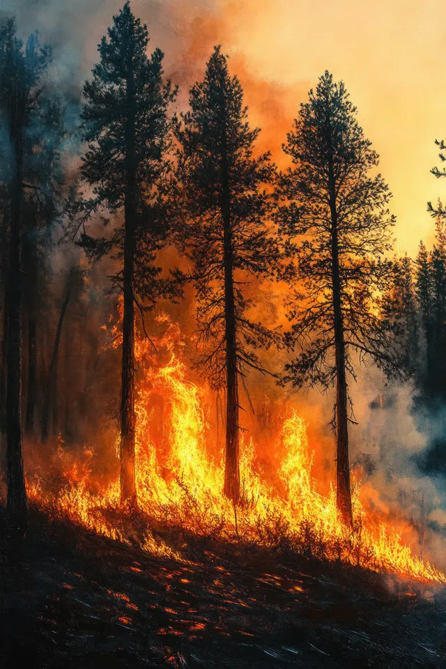 Orange wildfire engulfs pine trees in a forest as thick smoke billows across a fading dusk sky.