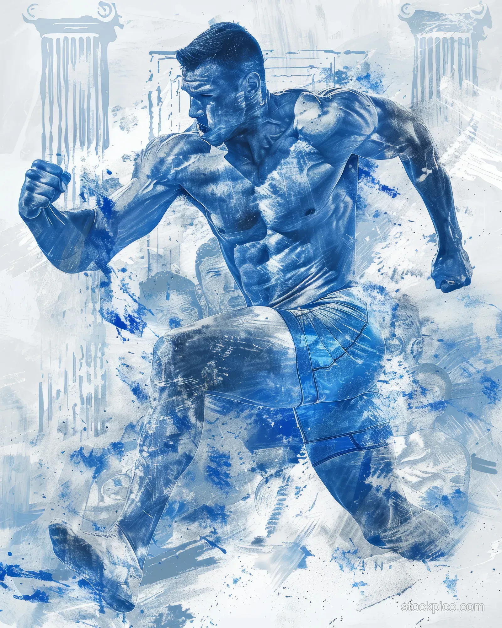 A blue-and-white Greco-Roman wrestler lunges forward, with classical bust details behind him.