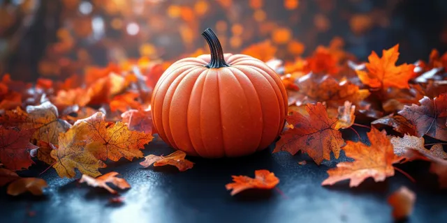 Small orange pumpkin on scattered autumn leaves with warm seasonal glow