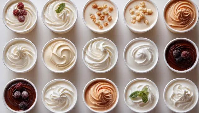 Fifteen dessert cups with whipped cream, chocolate mousse, berries, mint, and crumb toppings arranged in rows on a white surface.