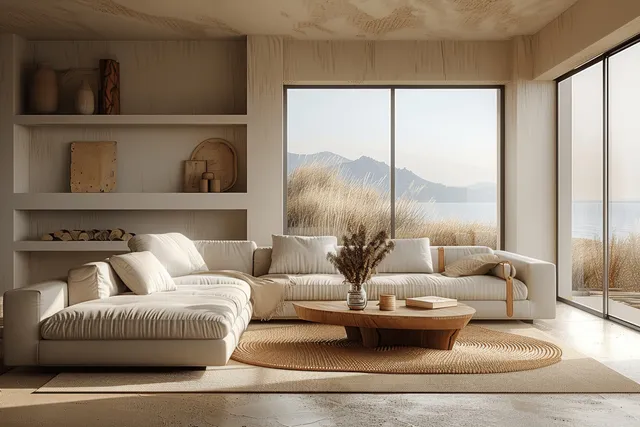 Beige sofa and wooden coffee table sit in a minimalist Japandi living room beside a large window showing mountains.