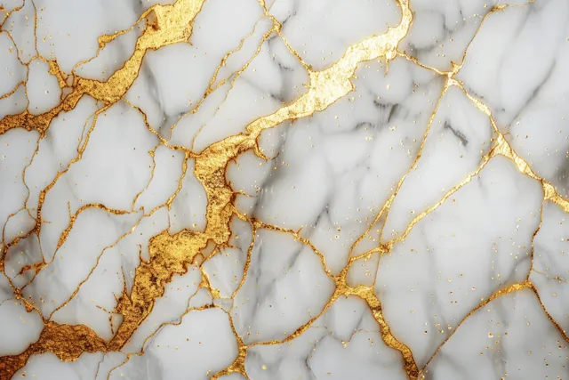 Close-up white marble background with gold and gray vein lines forming an elegant textured pattern.