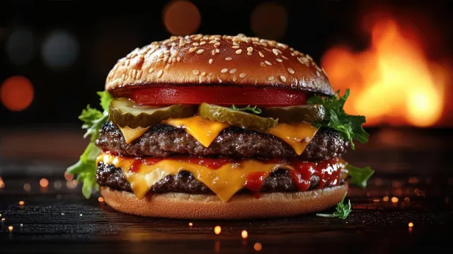 Double cheeseburger with melted cheddar, pickles, lettuce, tomato, and ketchup against a fire-lit grill background.
