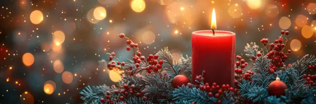 Lit red Advent candle with evergreen sprigs, red berries, and warm glowing bokeh lights on a wooden surface.