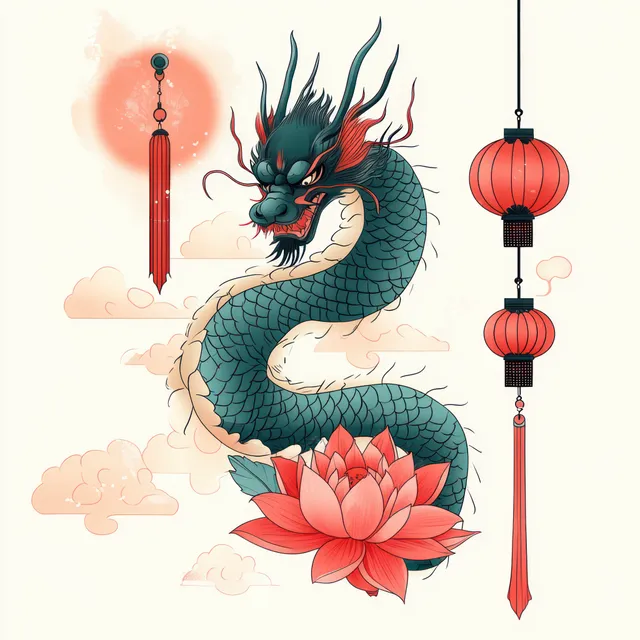 A blue and red dragon curls beside a red lotus while red lanterns hang against soft clouds.