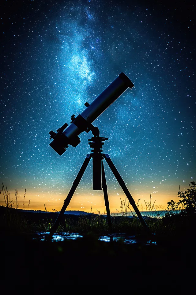 A telescope on a tripod silhouetted against a dusk horizon with the Milky Way and stars overhead.