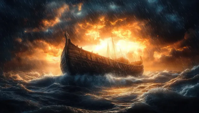 A wooden sailing ship fights rough storm waves under dark clouds with orange sunlight breaking through.