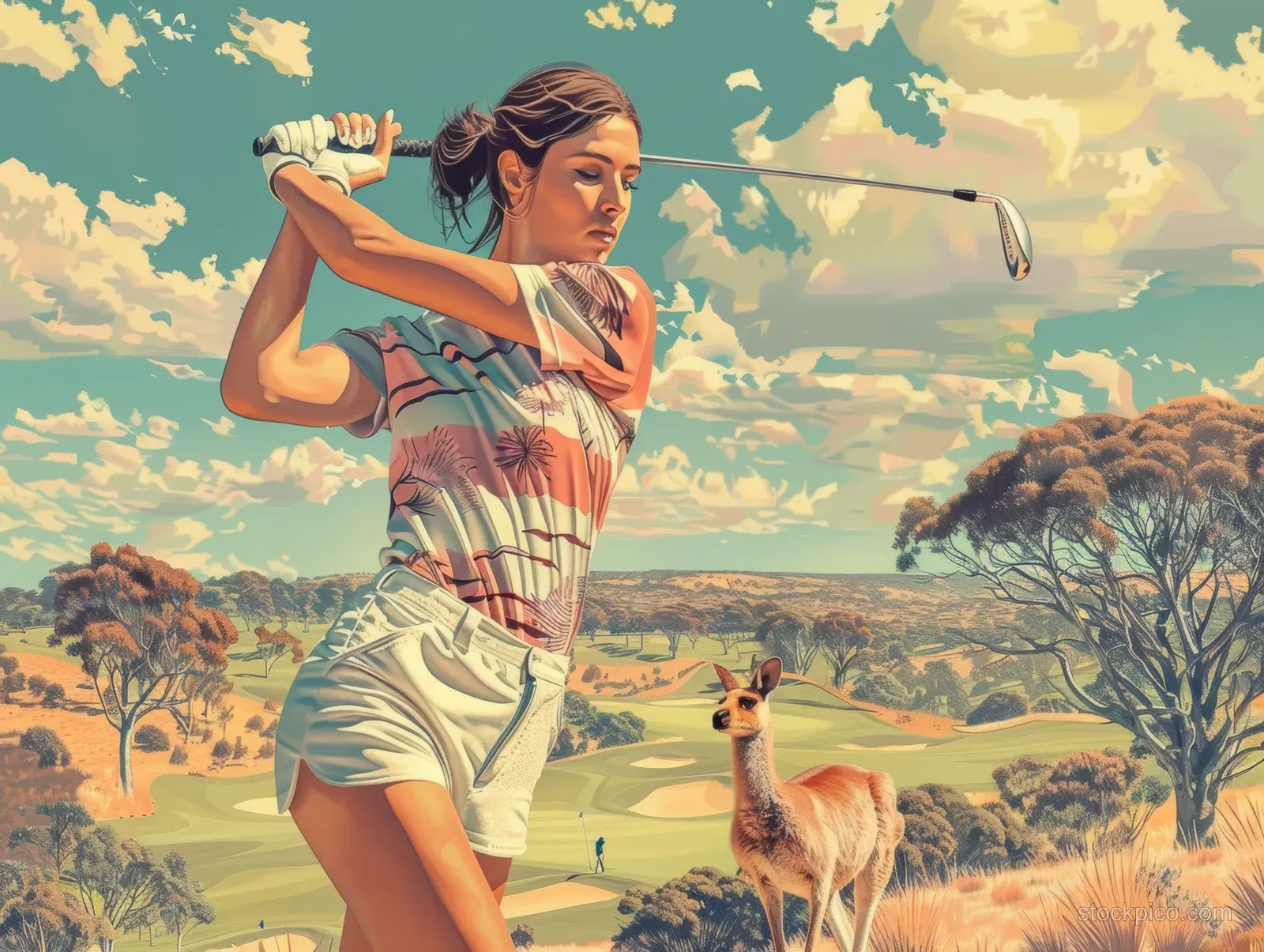 A female golfer on a sunny fairway with kangaroos and an emu in the Australian landscape.