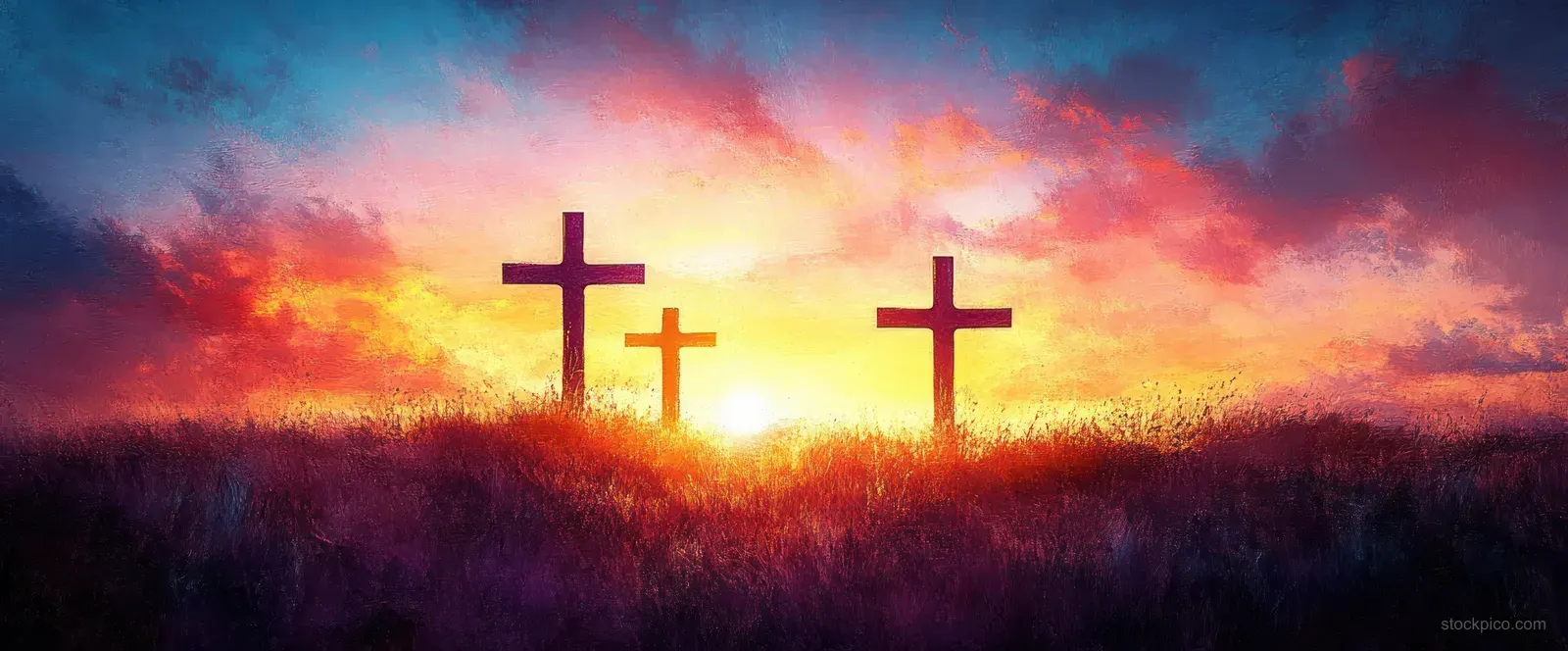 Three cross silhouettes on a hill against a vivid sunset sky with glowing clouds.