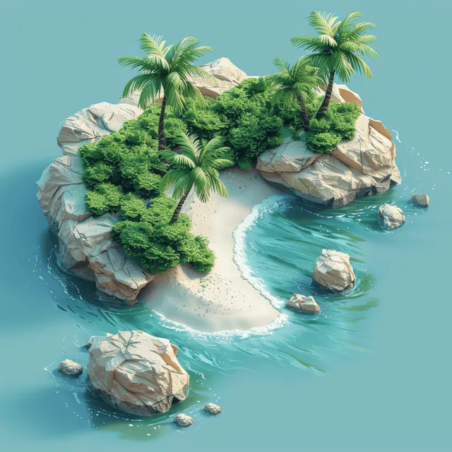 Isometric tropical island with palm trees and sandy shoreline surrounded by turquoise lagoon water and rocks.