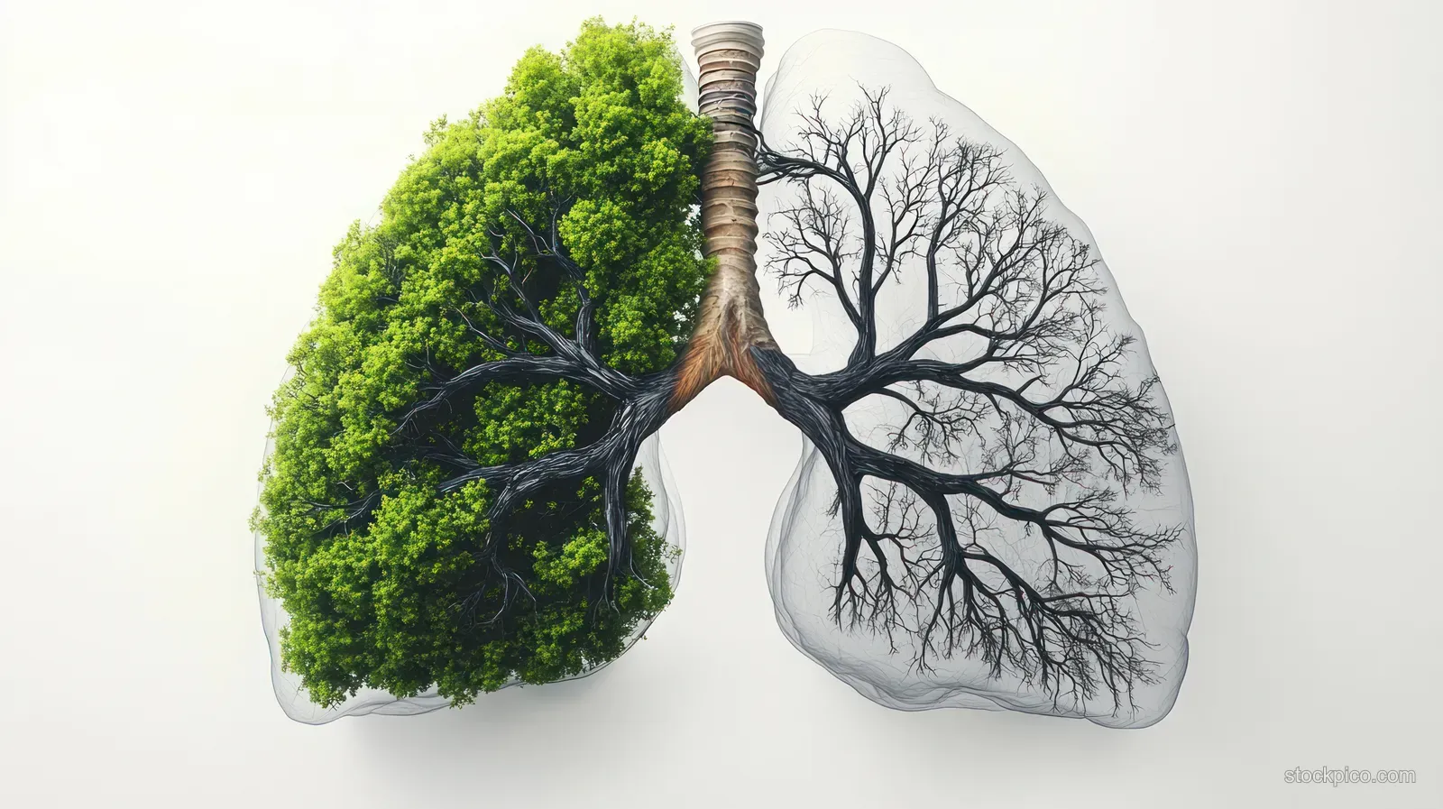 Split lungs show a leafy green tree on one side and leafless black branches on the other.
