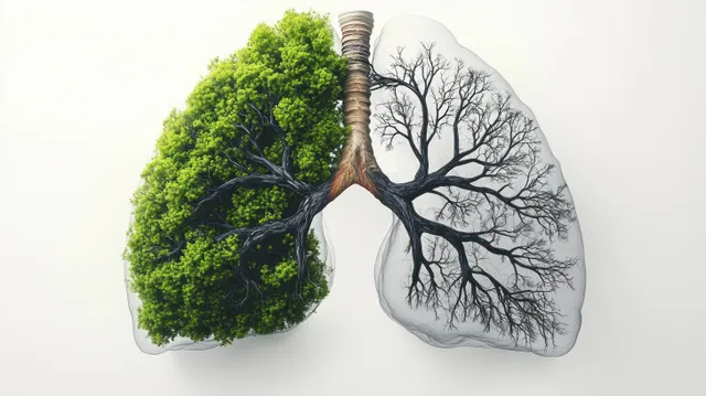 Split lungs show a leafy green tree on one side and leafless black branches on the other.
