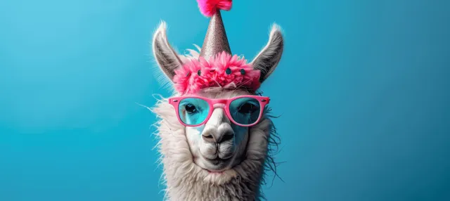 Funny alpaca wearing party hat and sunglasses with confetti on bright blue background with New Year Greeting