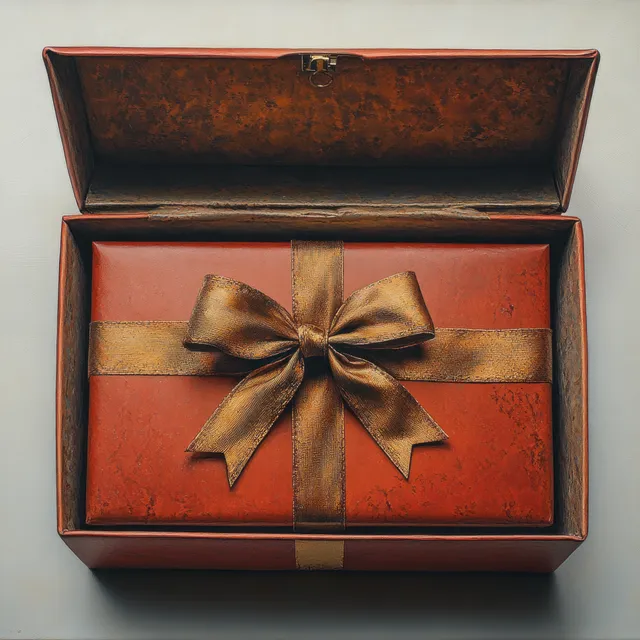 Open red gift box with a golden ribbon bow on a minimalist tabletop under warm soft lighting.