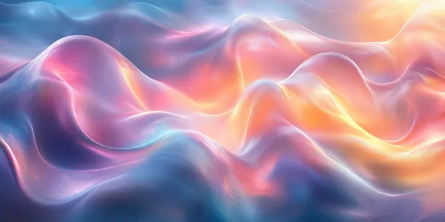 Iridescent liquid glass waves with pastel reflections and prismatic light across a flowing abstract backdrop