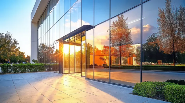 Sunset-lit glass building entrance reflecting autumn trees on a clean landscaped plaza