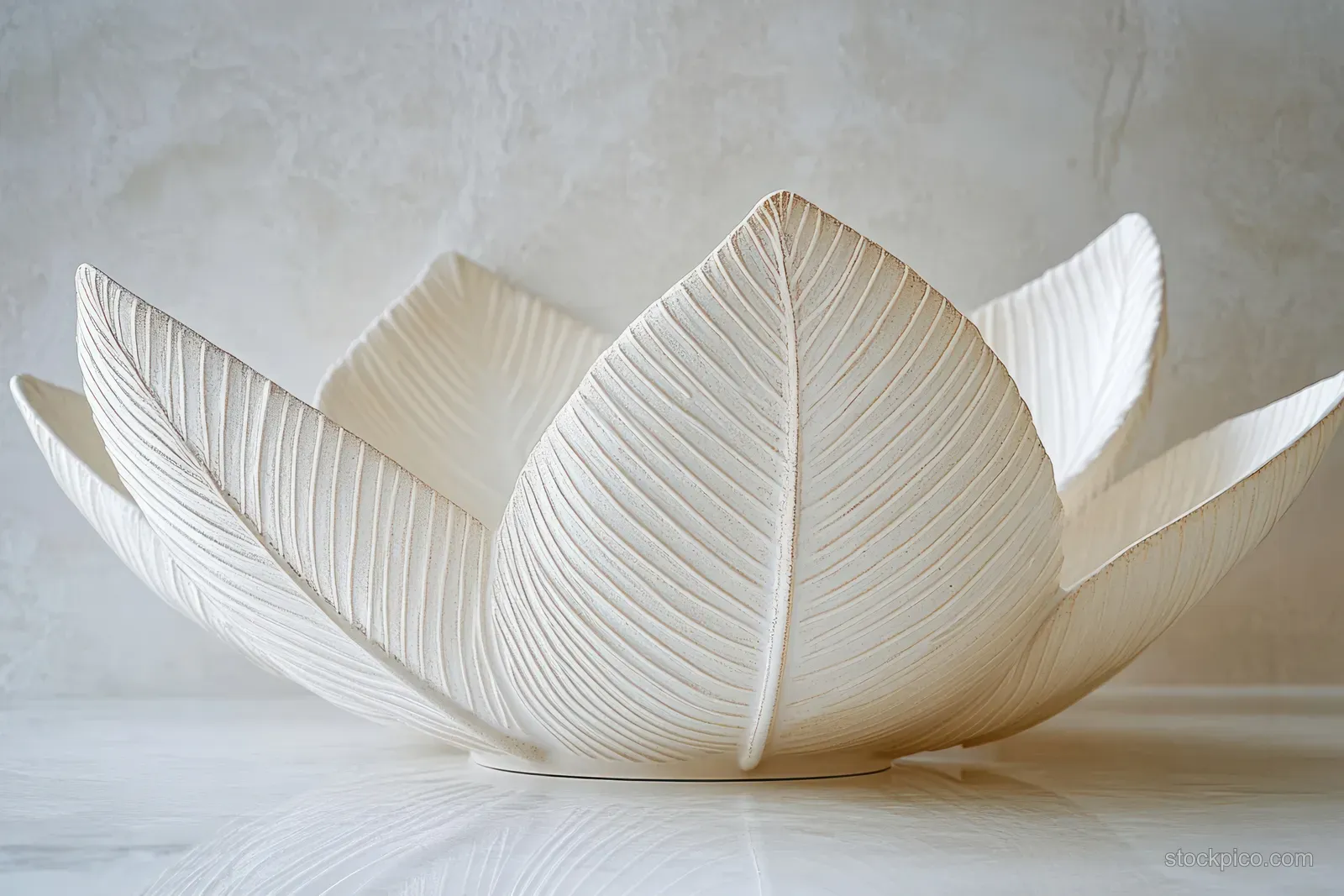 Leaf-shaped ceramic plates are stacked on pale marble with soft natural light and visible ribbed texture.