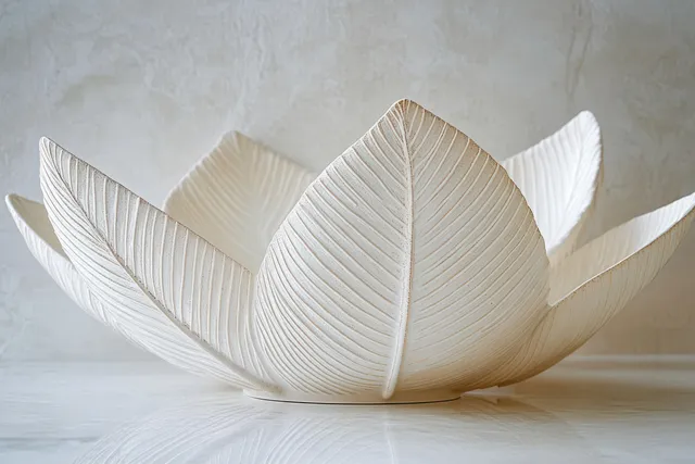Leaf-shaped ceramic plates are stacked on pale marble with soft natural light and visible ribbed texture.
