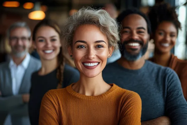 Five smiling friends stand indoors in warm light, with one person in a brown sweater in sharp focus and others blurred behind.